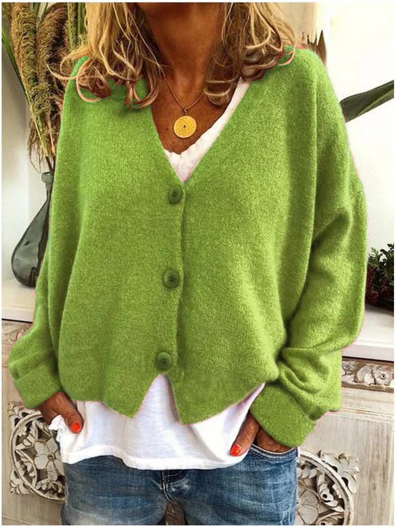 Ondina | Women's Knit Cozy V-Neck Long Sleeve Button Sweaters — Light Green