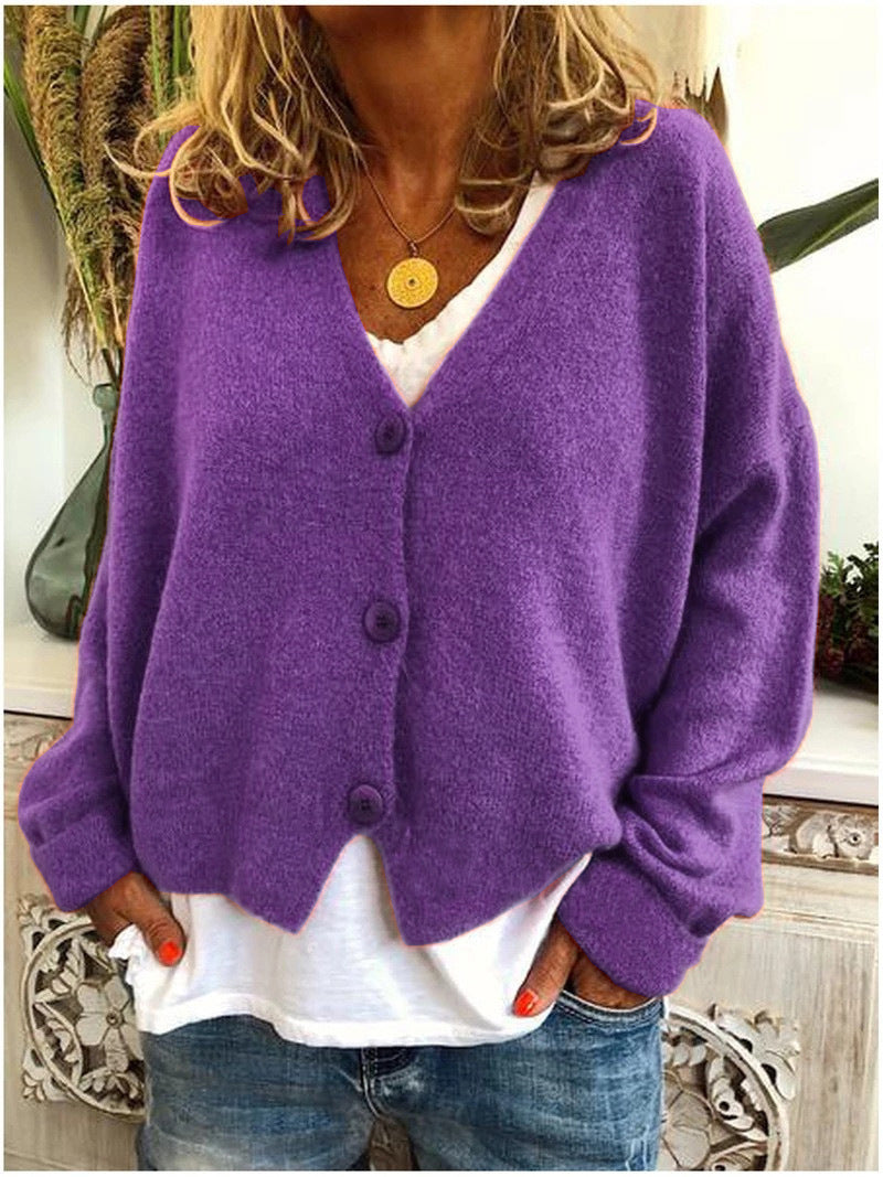 Ondina | Women's Knit Cozy V-Neck Long Sleeve Button Sweaters — Purple