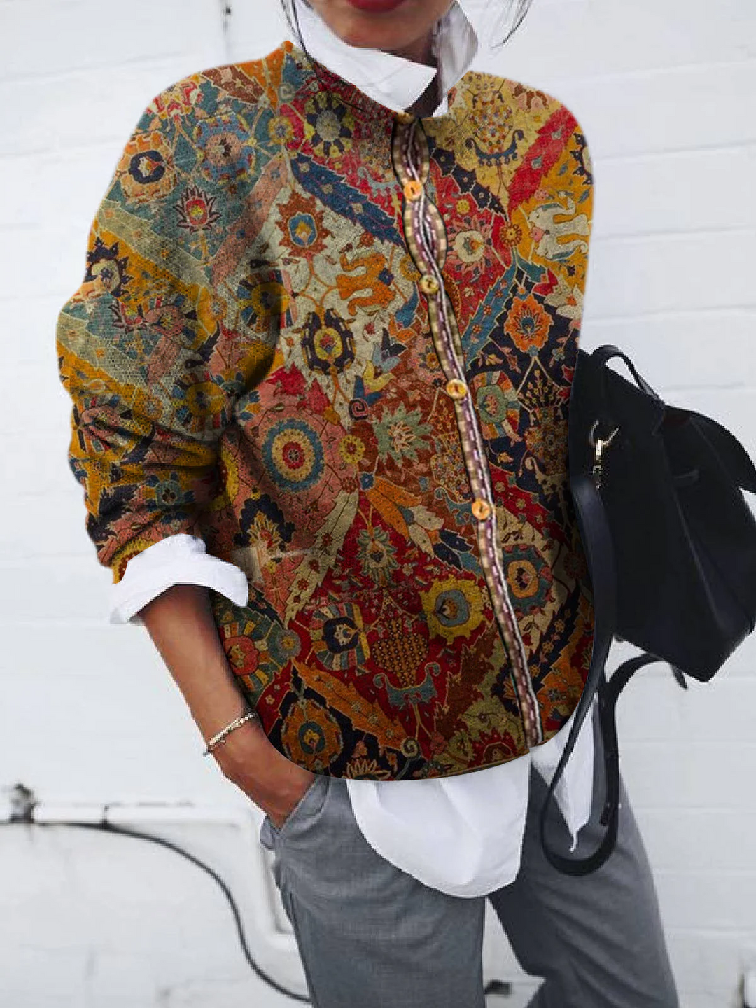 Oriaine | Women's Knit Button Front Printed Sweater