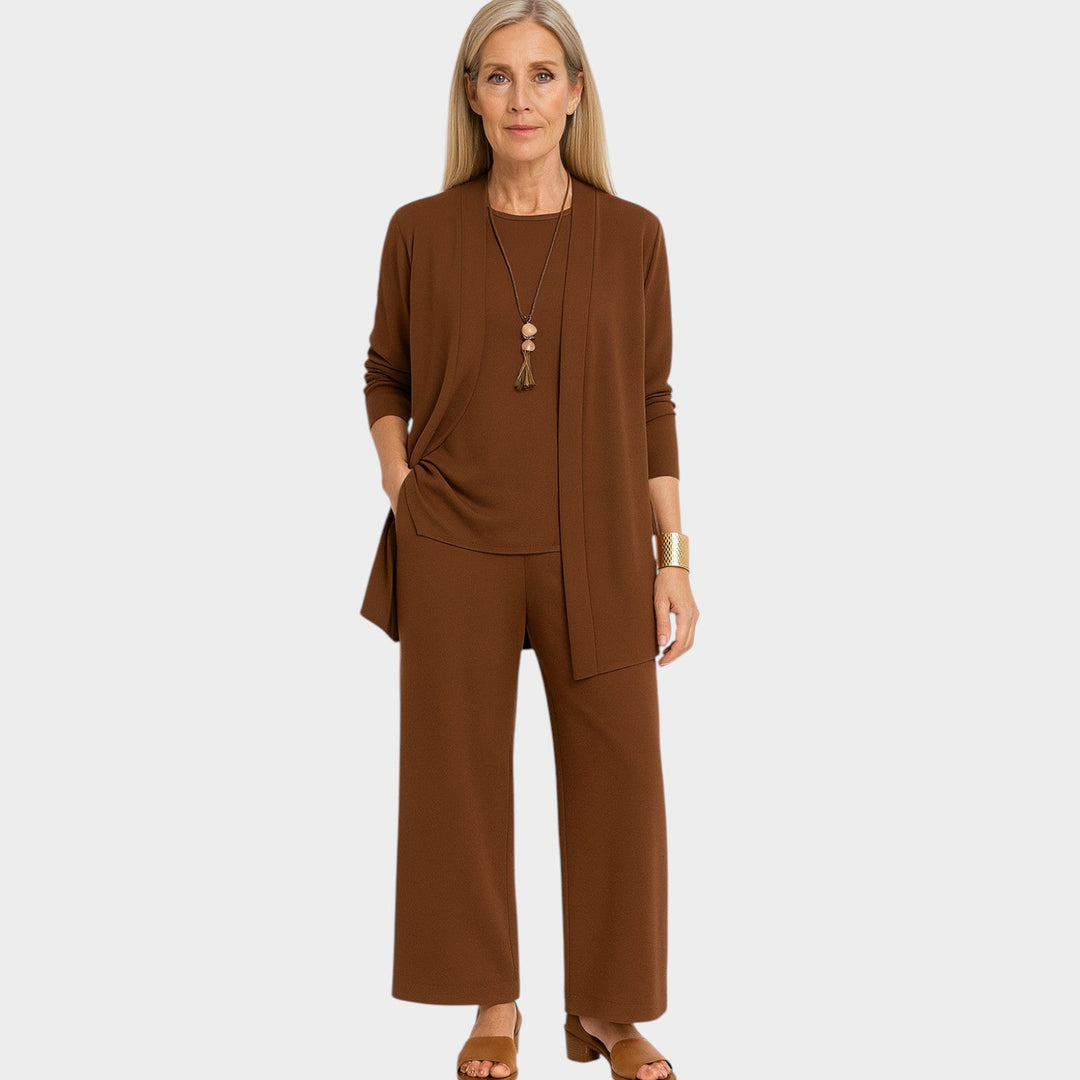 Oridessa | Women's Casual Stretch Suit Relaxed Coordinated Three Piece Set — Brown