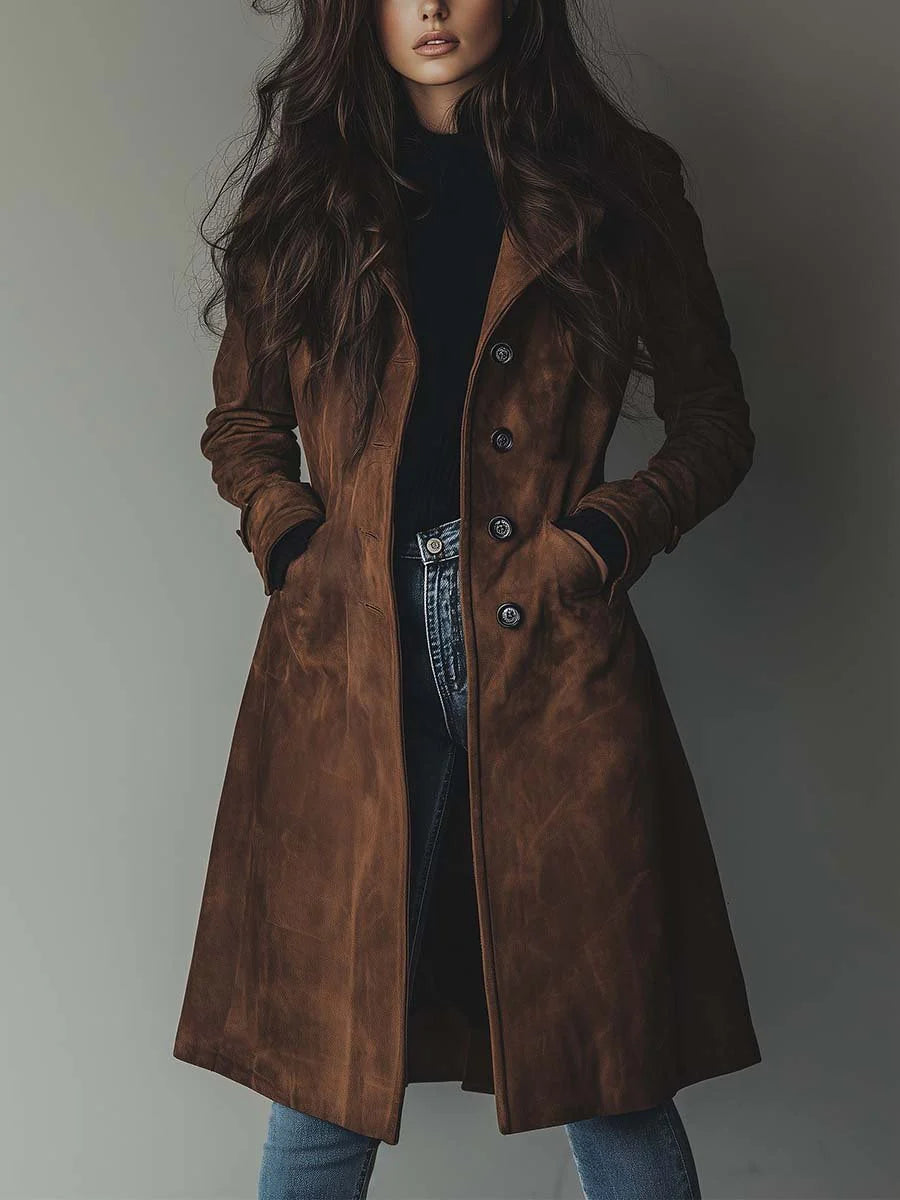 Orlathea | Women's Longline Trench Coat with Double-Breasted Front — Brown