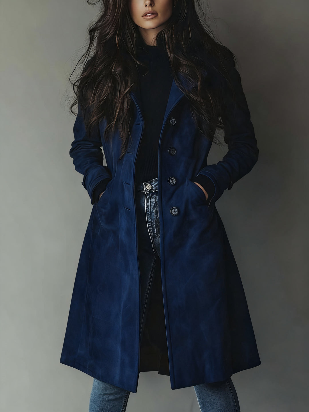 Orlathea | Women's Longline Trench Coat with Double-Breasted Front — Dark Blue