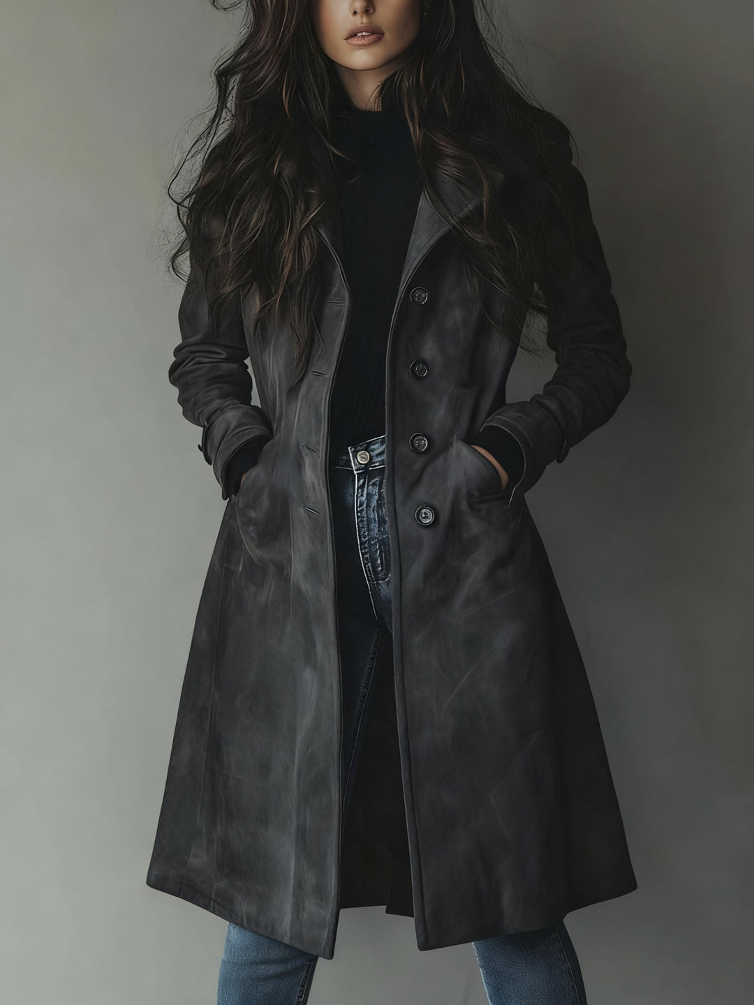 Orlathea | Women's Longline Trench Coat with Double-Breasted Front — Dark Grey