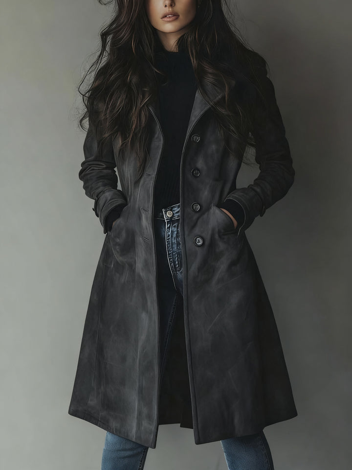 Orlathea | Women's Longline Trench Coat with Double-Breasted Front — Dark Grey