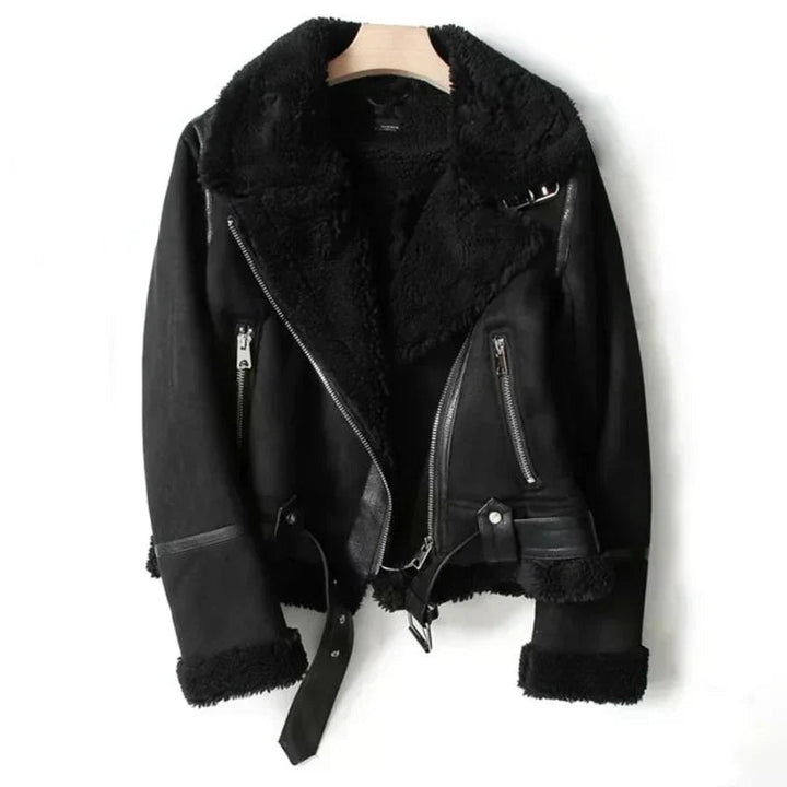 Perlelle | Women's Sherpa-Lined Leather Biker Jacket in Cropped Fit — Black