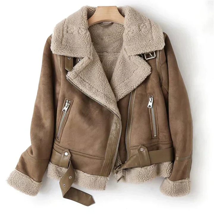 Perlelle | Women's Sherpa-Lined Leather Biker Jacket in Cropped Fit — 2