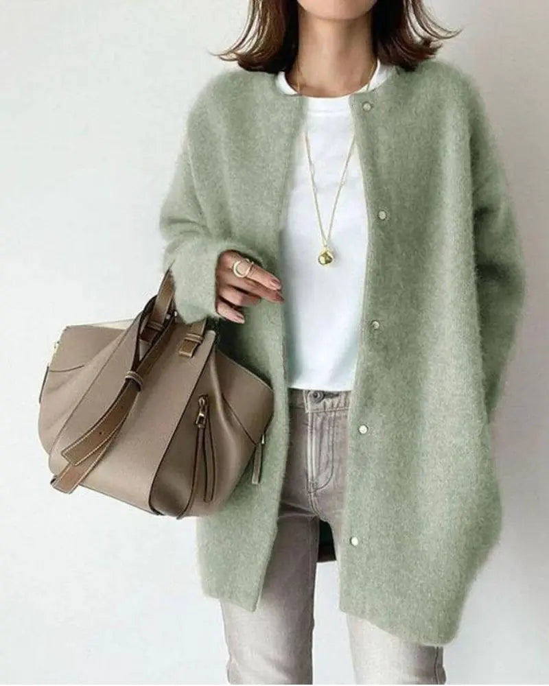 Perloura | Women's Cozy Wool Blend Cardigan with Deep Pockets in a Relaxed Fit — Mint Green