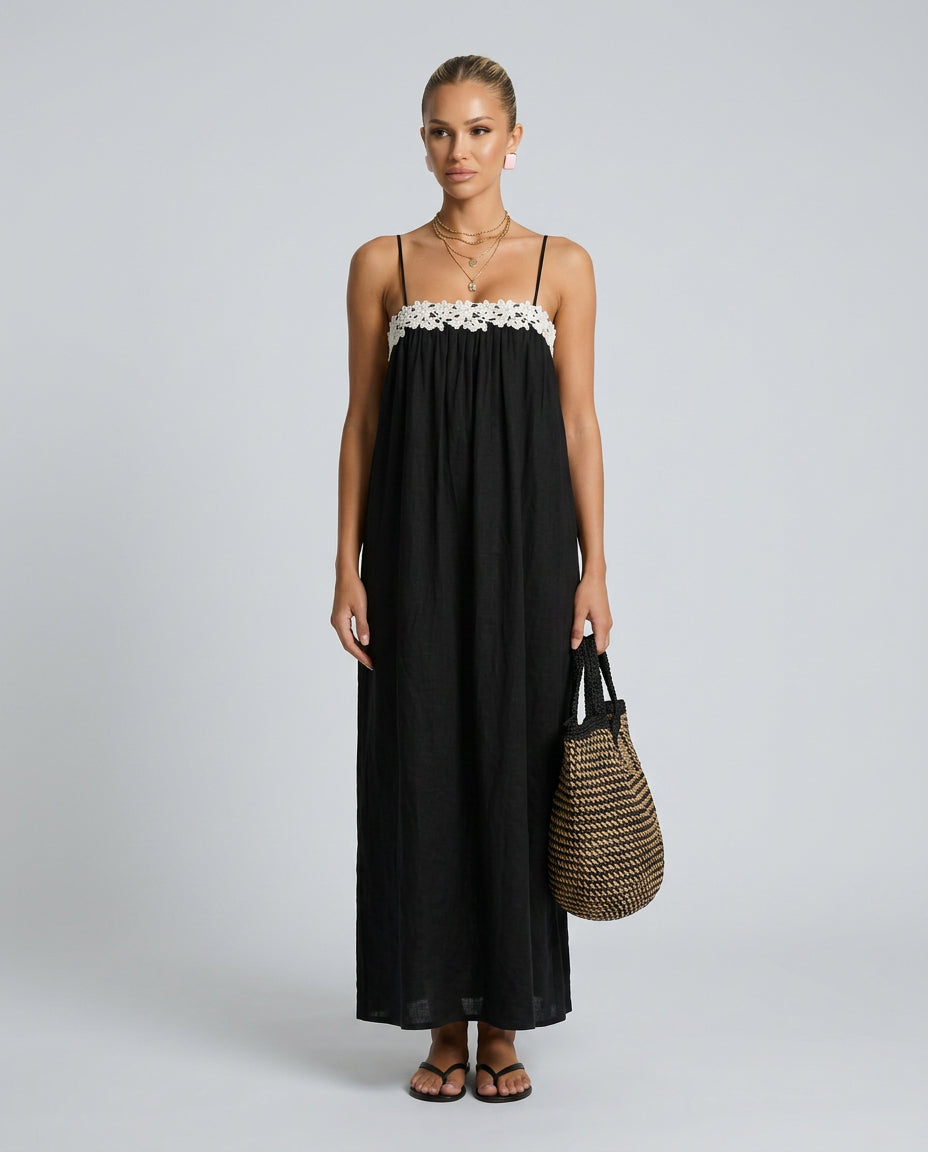 Petra | Linen Wedding Guest Lace-Trim Maxi Dress