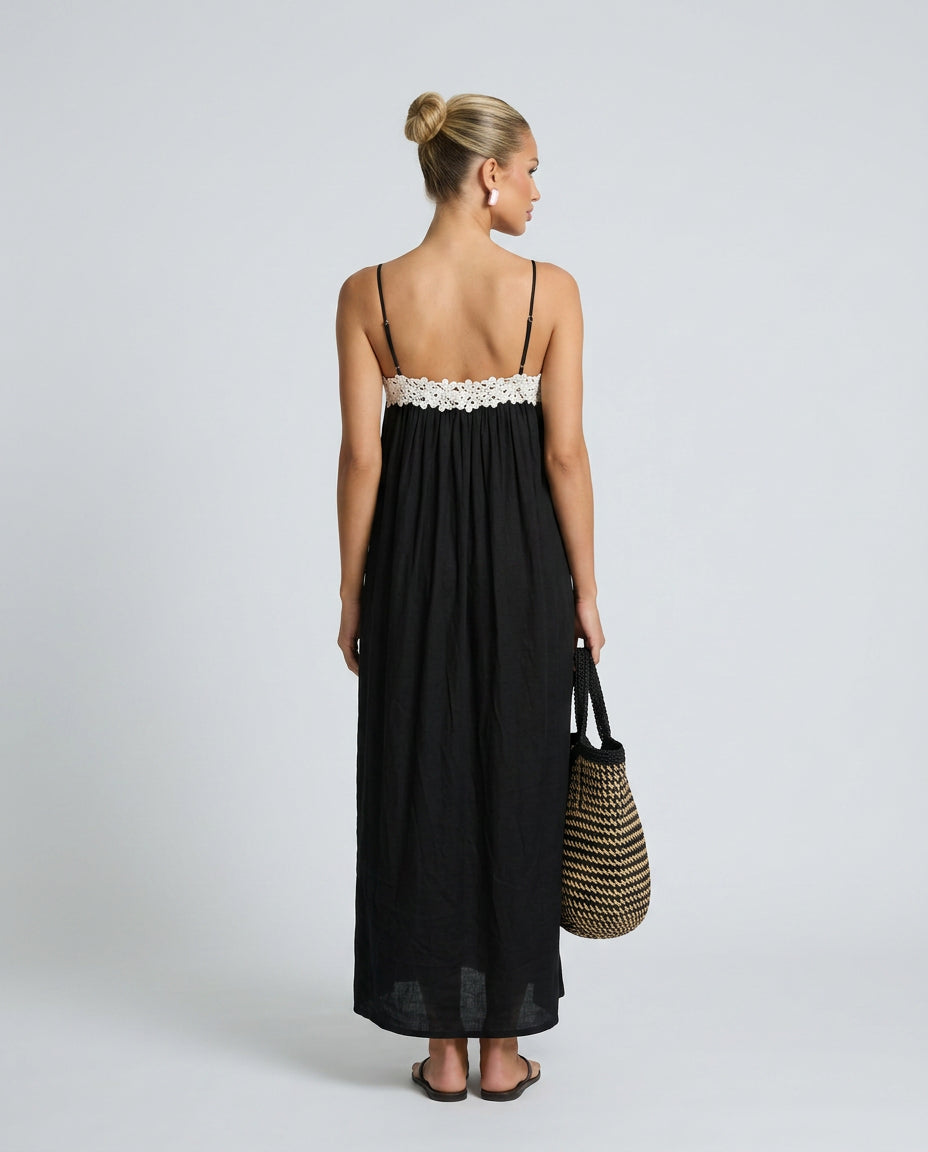 Petra | Women's Wedding Guest Elegant Linen-Blend Maxi Dress with Lace Trim Dresses — 2