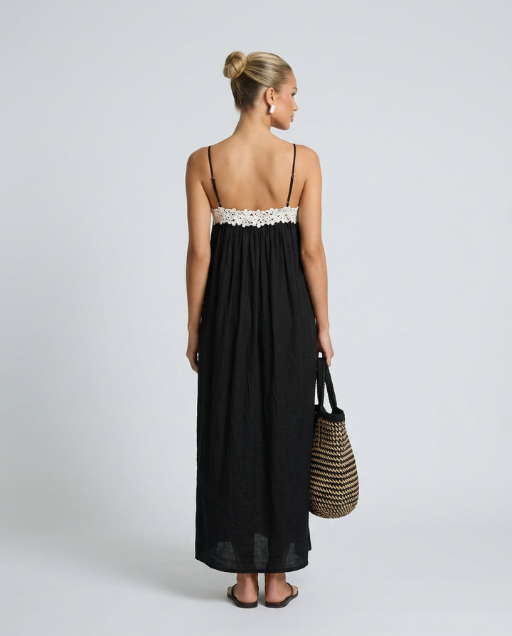 Petra | Women's Wedding Guest Elegant Linen-Blend Maxi Dress with Lace Trim Dresses — 2