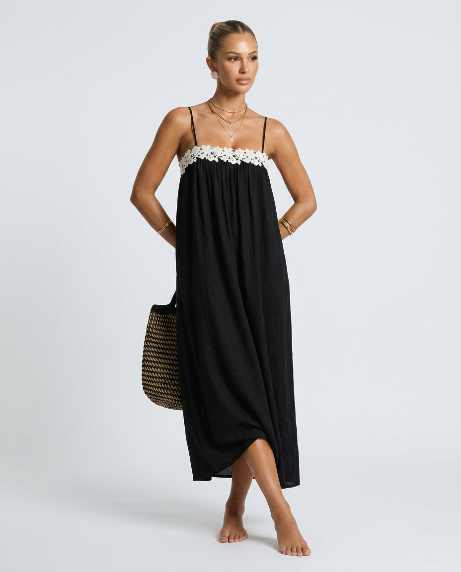 Petra | Women's Wedding Guest Elegant Linen-Blend Maxi Dress with Lace Trim Dresses — 3