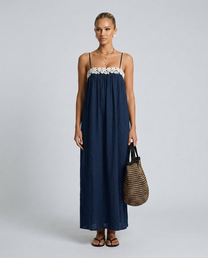 Petra | Linen Wedding Guest Lace-Trim Maxi Dress
