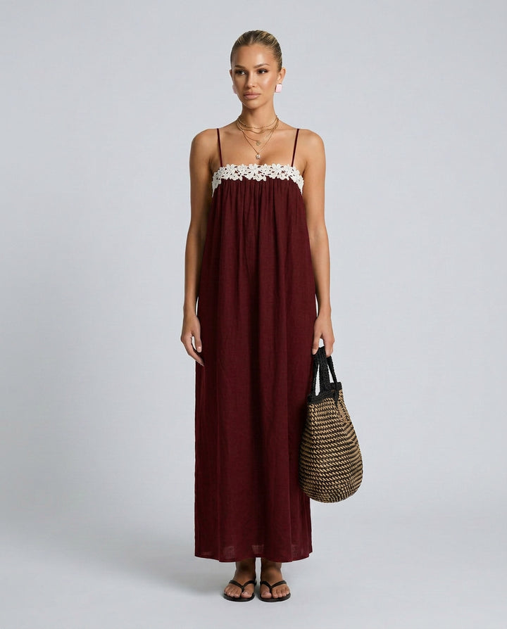 Petra | Linen Wedding Guest Lace-Trim Maxi Dress