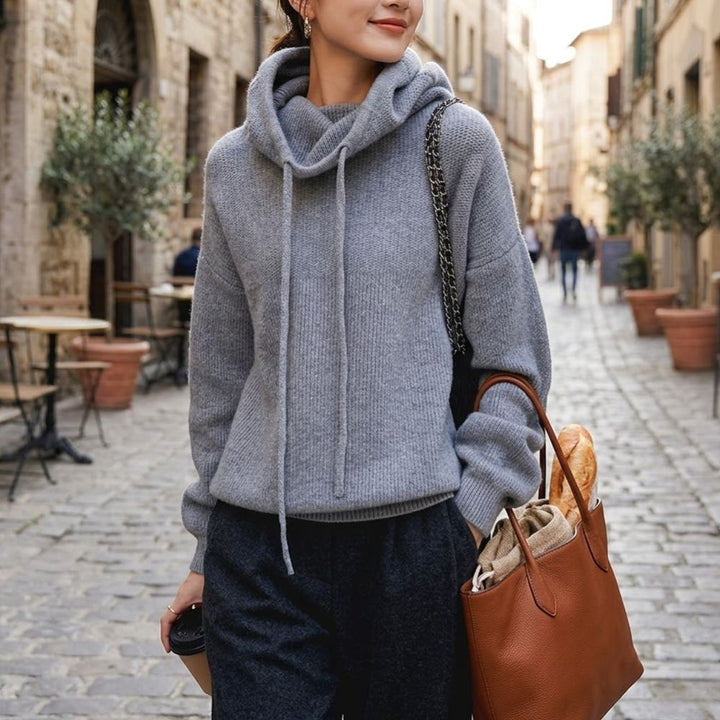 Pietbelle | Women's Cozy oversized Knit sweater with Cowl Neck and Drawstring Hoodie Detail — 1
