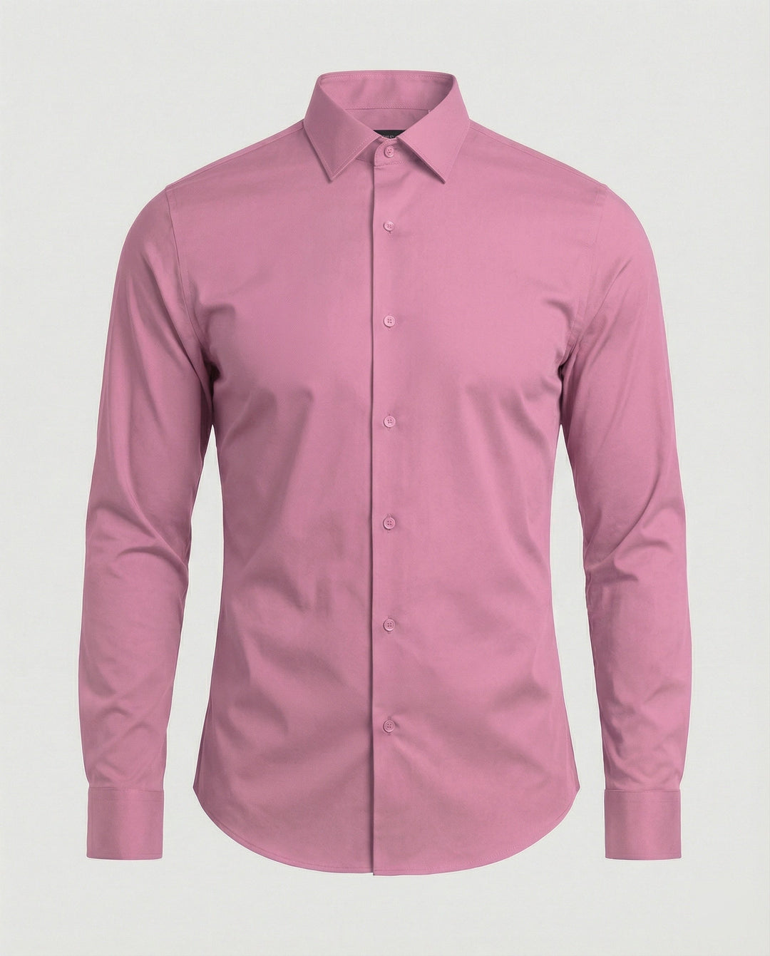 Fitted button-up shirt on a plain background.