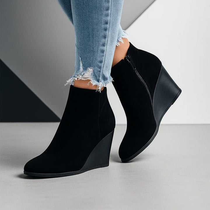 Zoraneita | Women's Suede Ankle Boots with Wedge Heel and Side Zipper — Black
