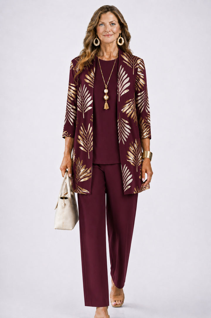 Quendora | Women's Casual Stretch 3-Piece Set — Burgundy Blossom