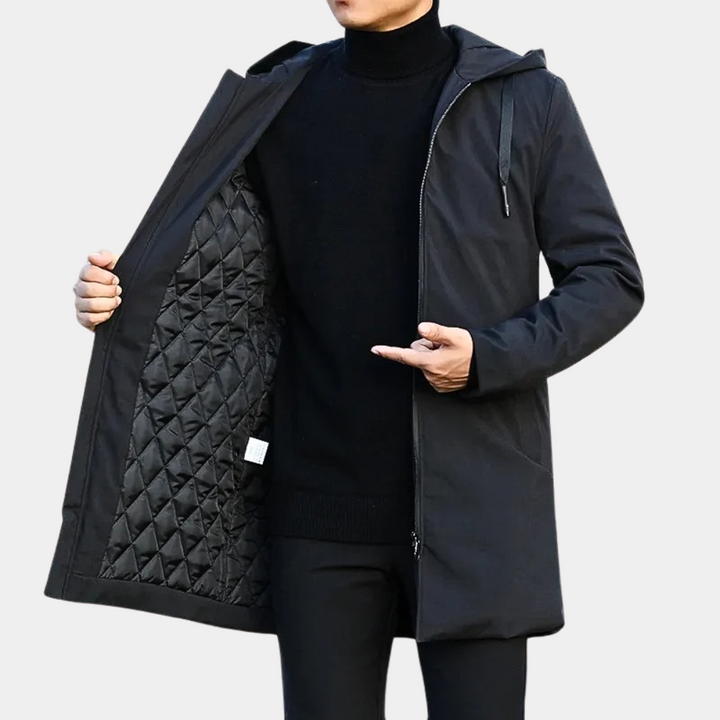 Quentin | Men's Casual Stretch Mid-Length Quilted Hooded Coat Tops — Black