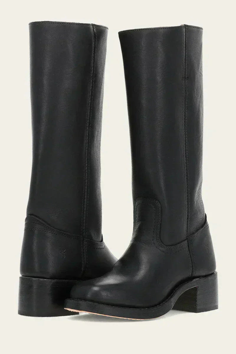 Quintessa | Women's Western Style Knee-High Mid Calf Block Heel With Closed Toe Boots — Black