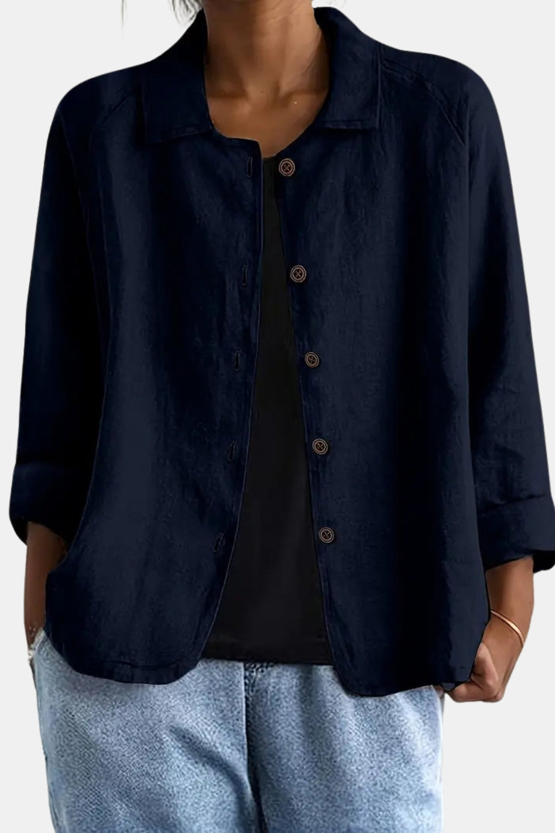 Quirina | Women's Lightweight Casual Classic Button Front Jacket — Navy