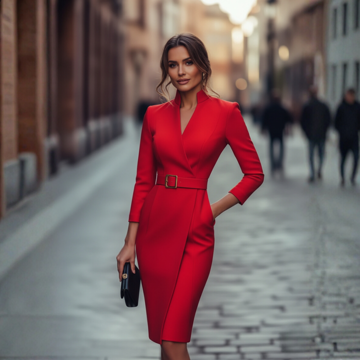 Female model wearing a tailored midi dress with a defined waistline on a plain background.