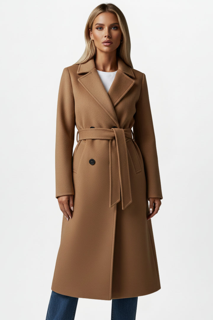 Renethara | Women's Casual Stretch Long Coat with Belt and Double-Breasted Front Tops — Camel