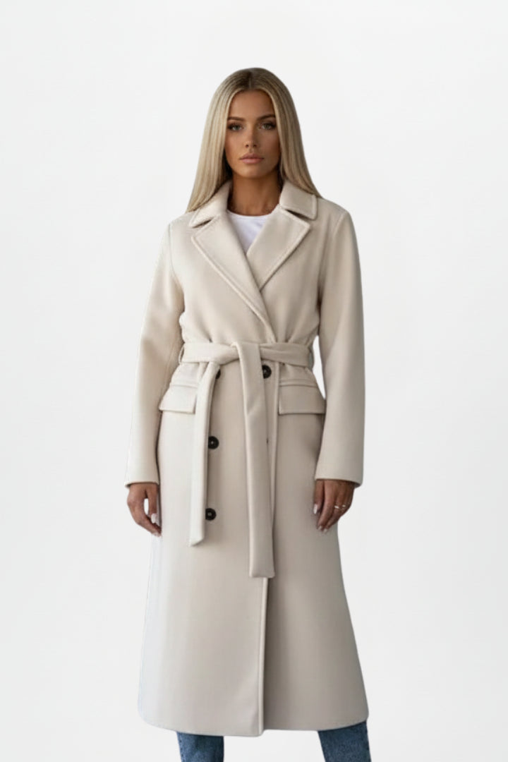 Renethara | Women's Casual Stretch Long Coat with Belt and Double-Breasted Front Tops — Cream