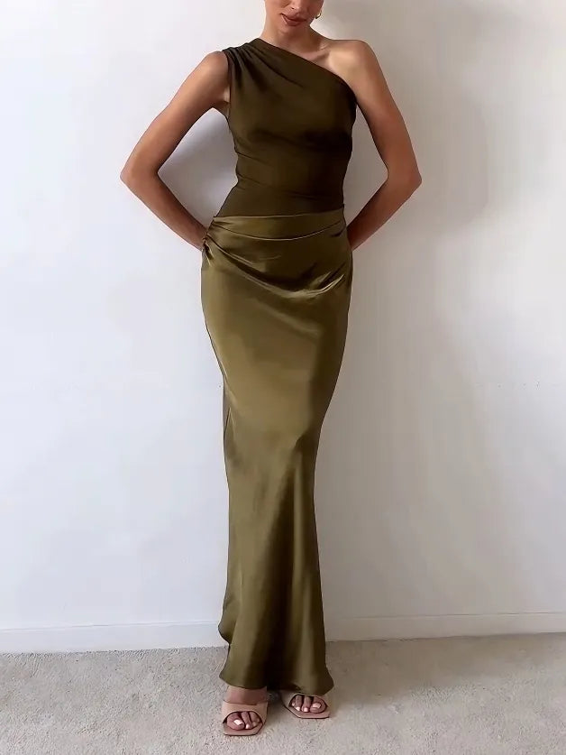 Rheaita | Women's Dress Satin Evening Occasion - Chocolate / Green