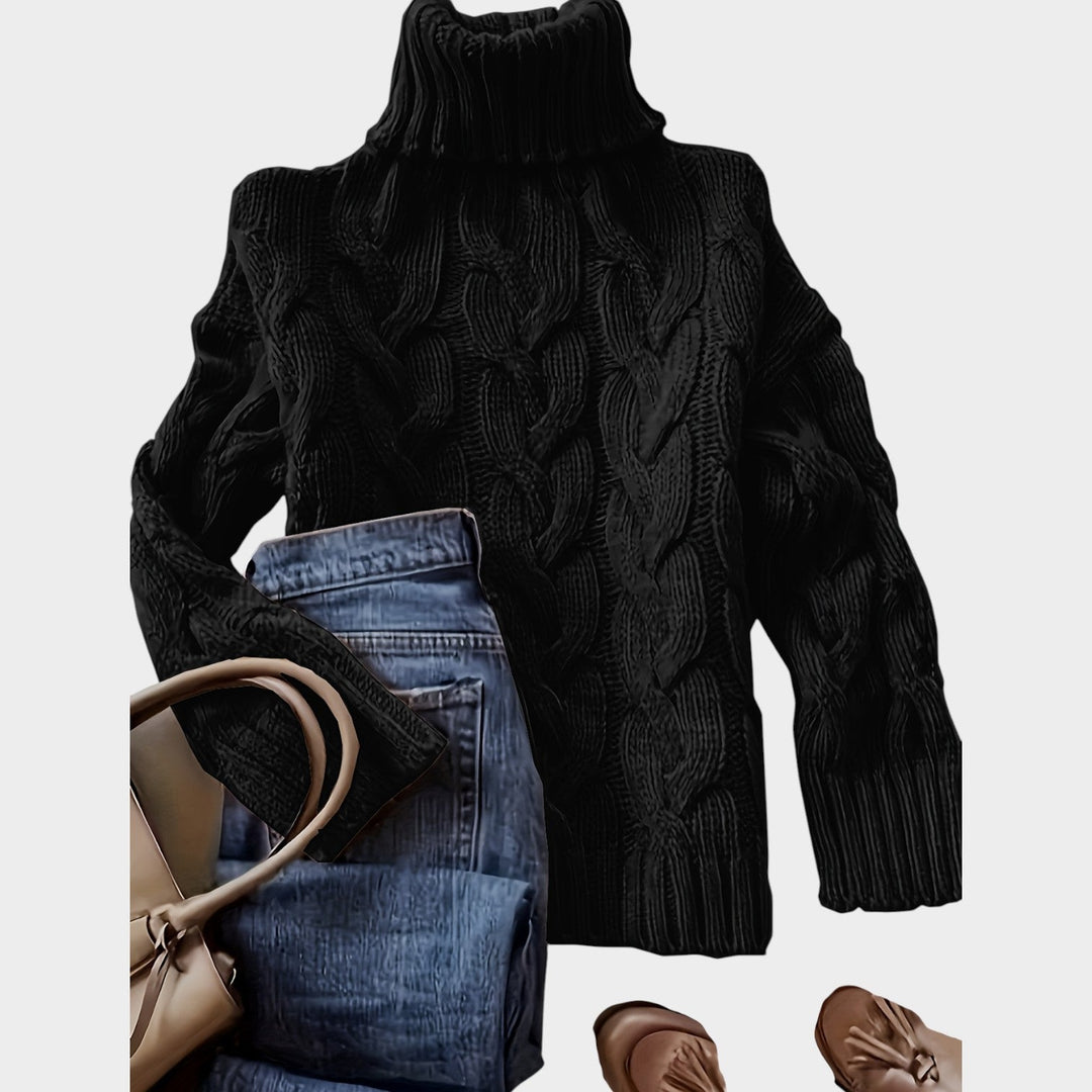 Rosaolde | Women's Cozy Cable Knit Sweater Turtleneck Chunky Long Sleeve — Black