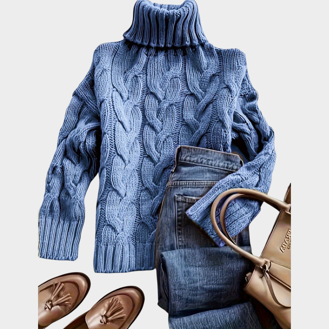 Rosaolde | Women's Cozy Cable Knit Sweater Turtleneck Chunky Long Sleeve — Blue