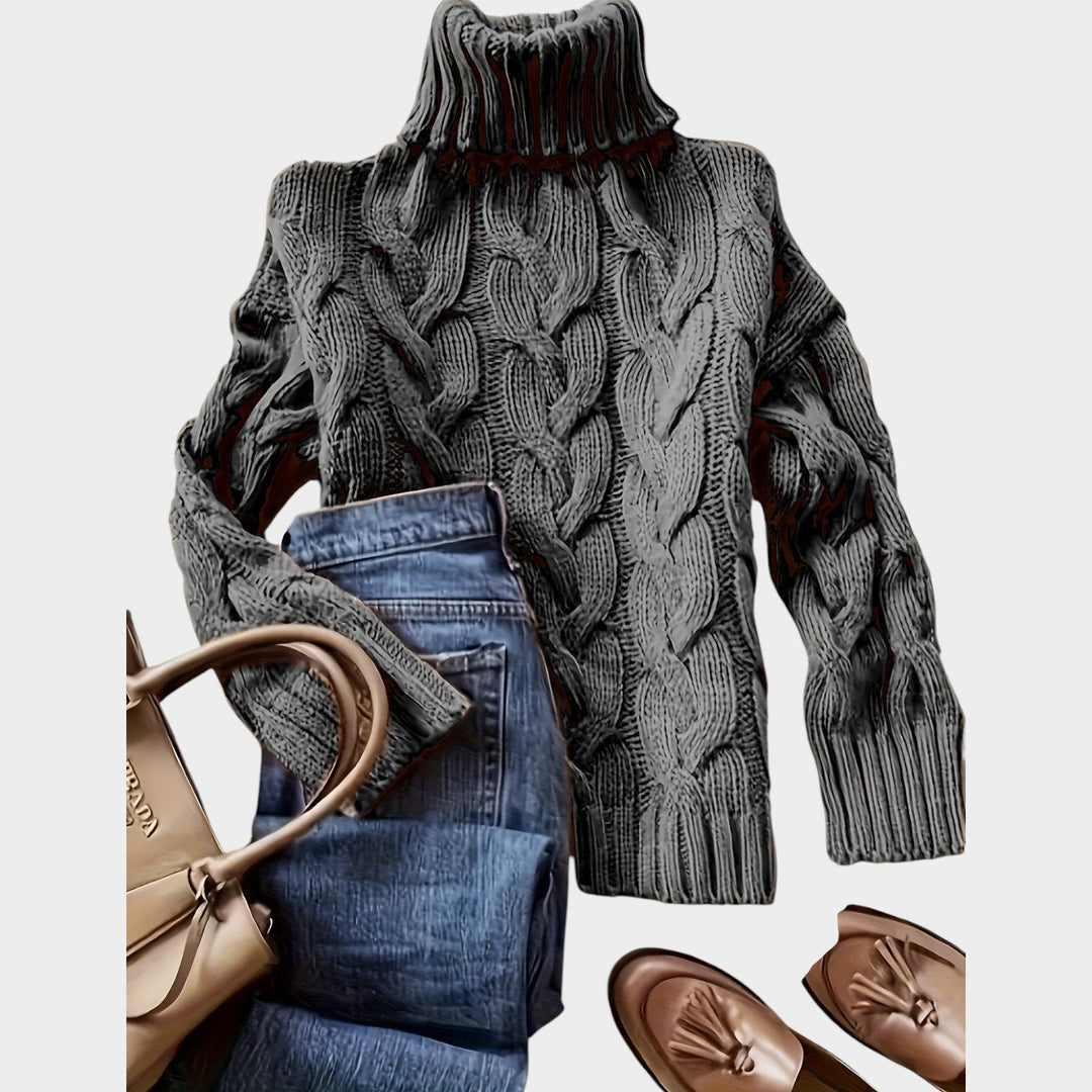 Rosaolde | Women's Cozy Cable Knit Sweater Turtleneck Chunky Long Sleeve — Dark Gray