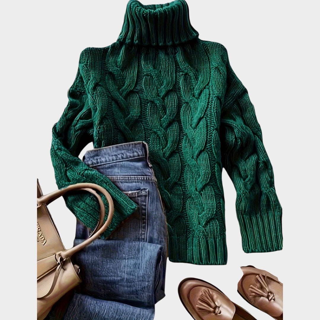 Rosaolde | Women's Cozy Cable Knit Sweater Turtleneck Chunky Long Sleeve — Dark Green