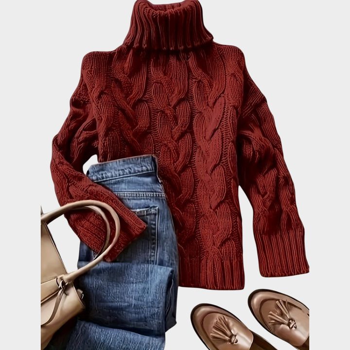 Rosaolde | Women's Cozy Cable Knit Sweater Turtleneck Chunky Long Sleeve — Deep Red