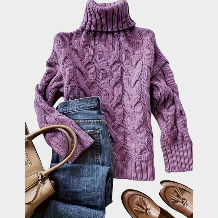Rosaolde | Women's Cozy Cable Knit Sweater Turtleneck Chunky Long Sleeve — Fuchsia