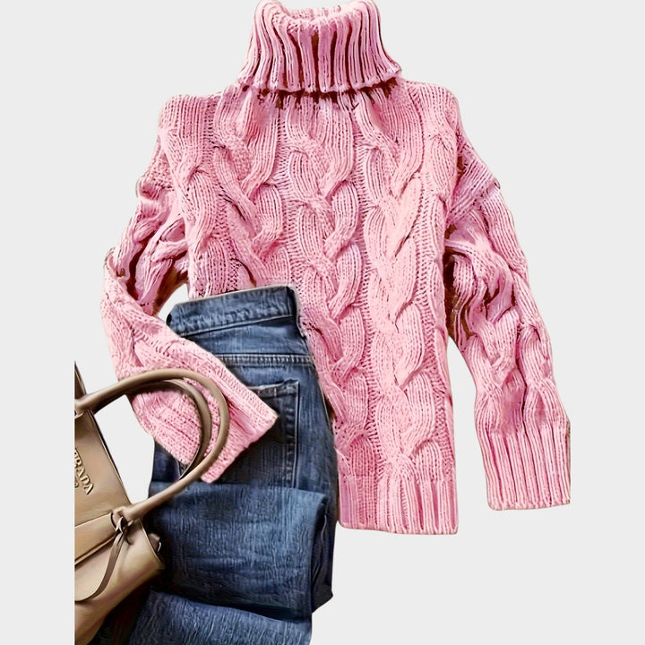 Rosaolde | Women's Cozy Cable Knit Sweater Turtleneck Chunky Long Sleeve — Pink