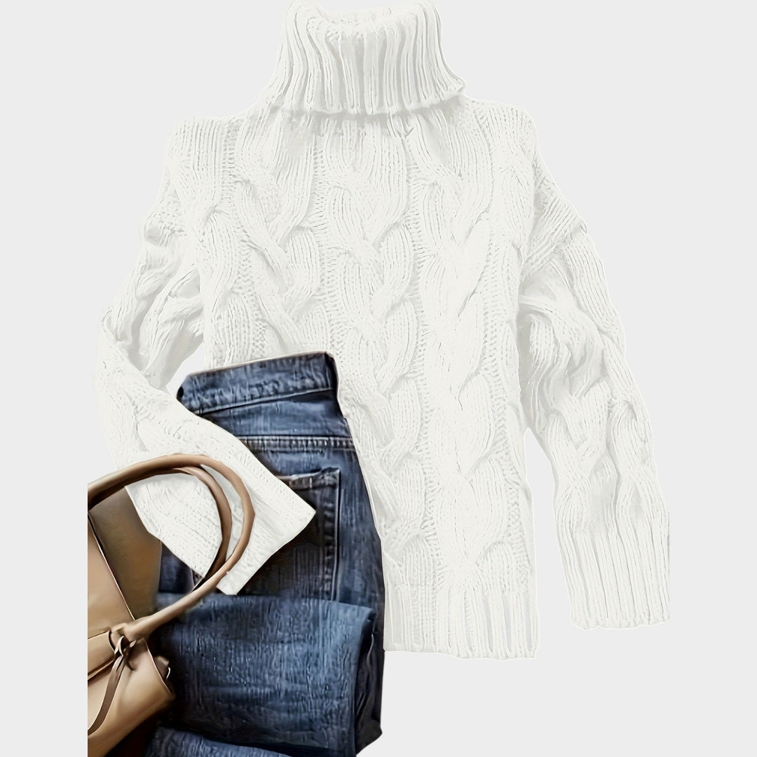 Rosaolde | Women's Cozy Cable Knit Sweater Turtleneck Chunky Long Sleeve — White