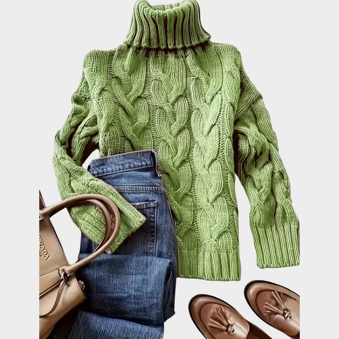 Rosaolde | Women's Cozy Cable Knit Sweater Turtleneck Chunky Long Sleeve — Yellow-green