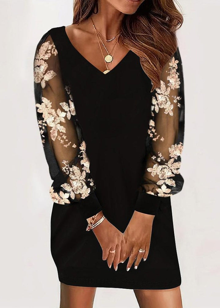 Rosasia | Women's Elegant Dress with Lace Sleeves — Black Gold