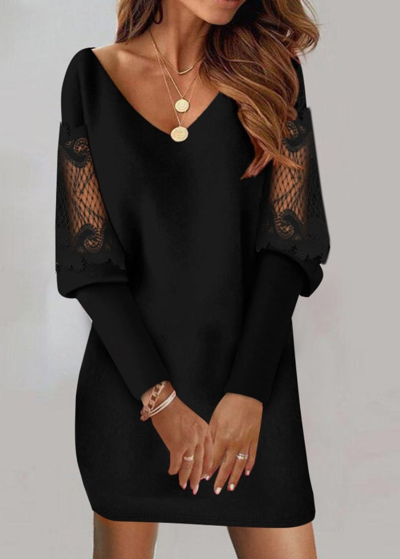 Rosasia | Women's Elegant Dress with Lace Sleeves — Black