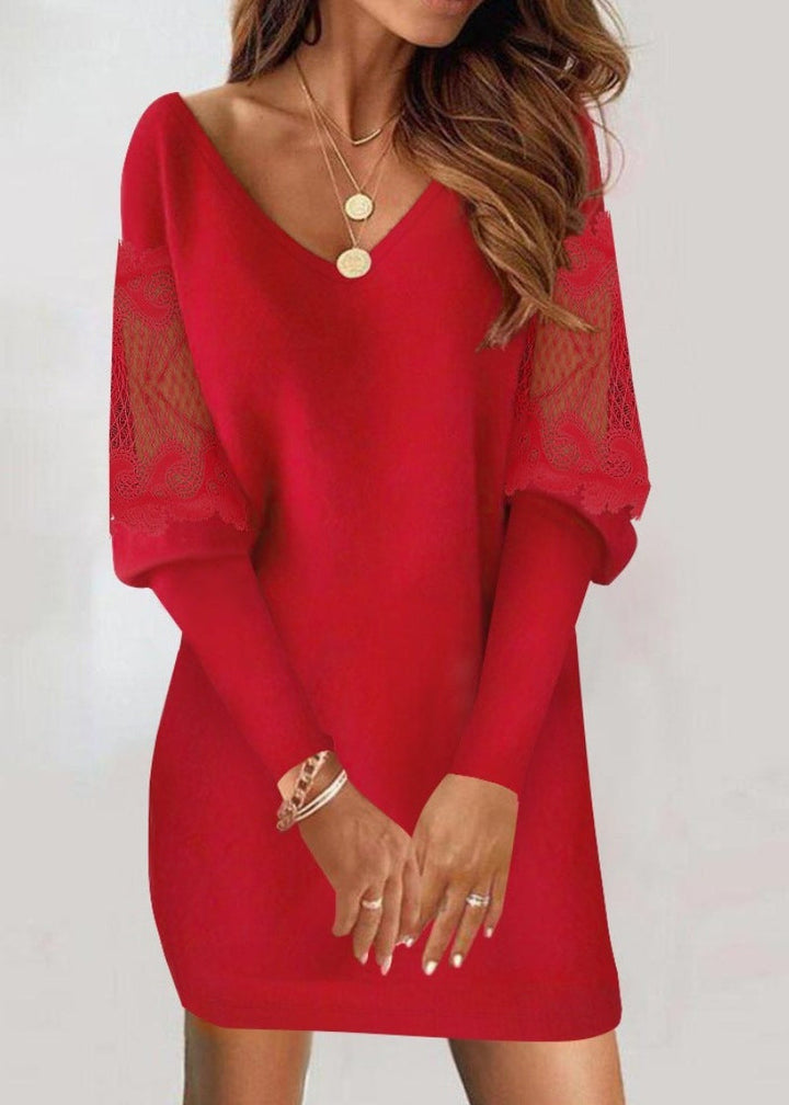 Rosasia | Women's Elegant Dress with Lace Sleeves — Red
