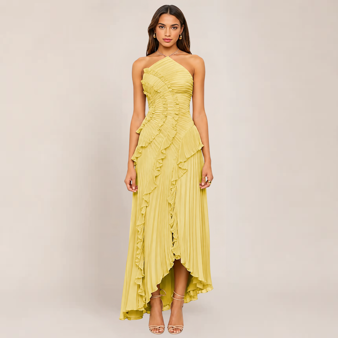 Model showcasing an elegant ruffle neckline dress against a plain background.