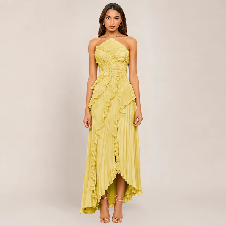 Model showcasing an elegant ruffle neckline dress against a plain background.