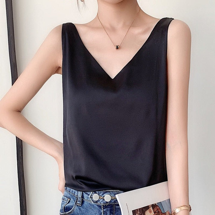 Sermora | Casual Stretch V Neck Sleeveless Satin Cami Top