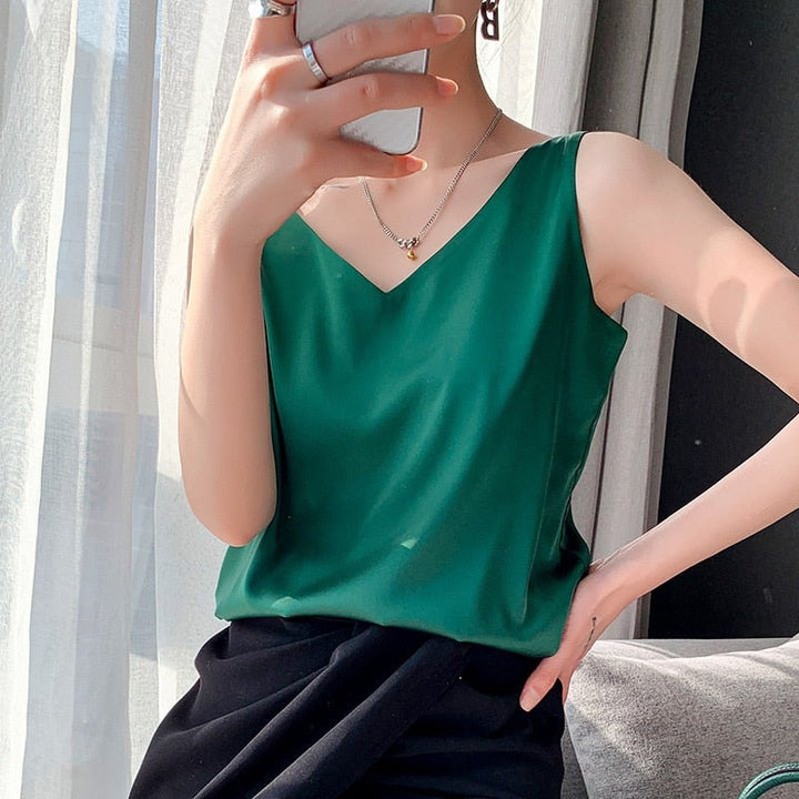 Sermora | Casual Stretch V Neck Sleeveless Satin Cami Top