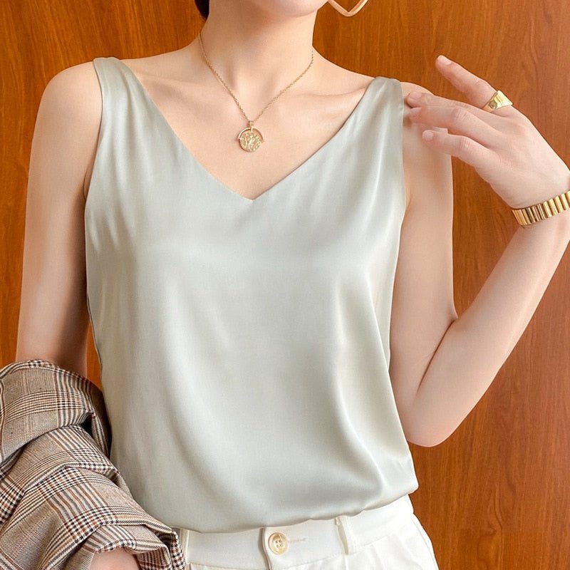 Sermora | Casual Stretch V Neck Sleeveless Satin Cami Top