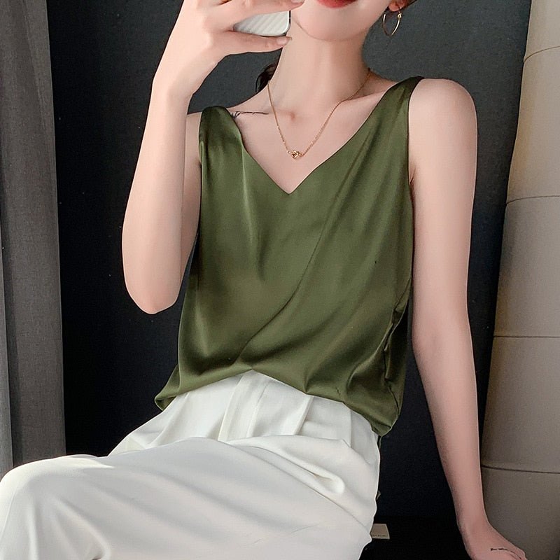 Sermora | Casual Stretch V Neck Sleeveless Satin Cami Top