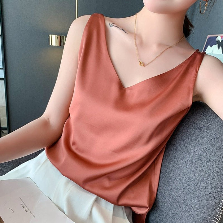 Sermora | Casual Stretch V Neck Sleeveless Satin Cami Top