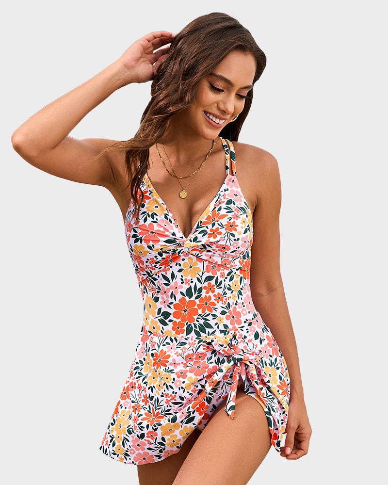 Woman in a skirted swimsuit with a smooth covered silhouette