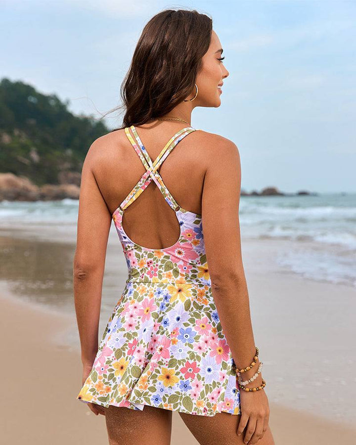 Female model in a one-piece swim dress for vacation and pool days