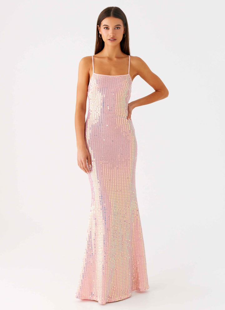 Solbelle | Women's Elegant Knit Sequin Maxi Dress - Iridescent Pink — 1